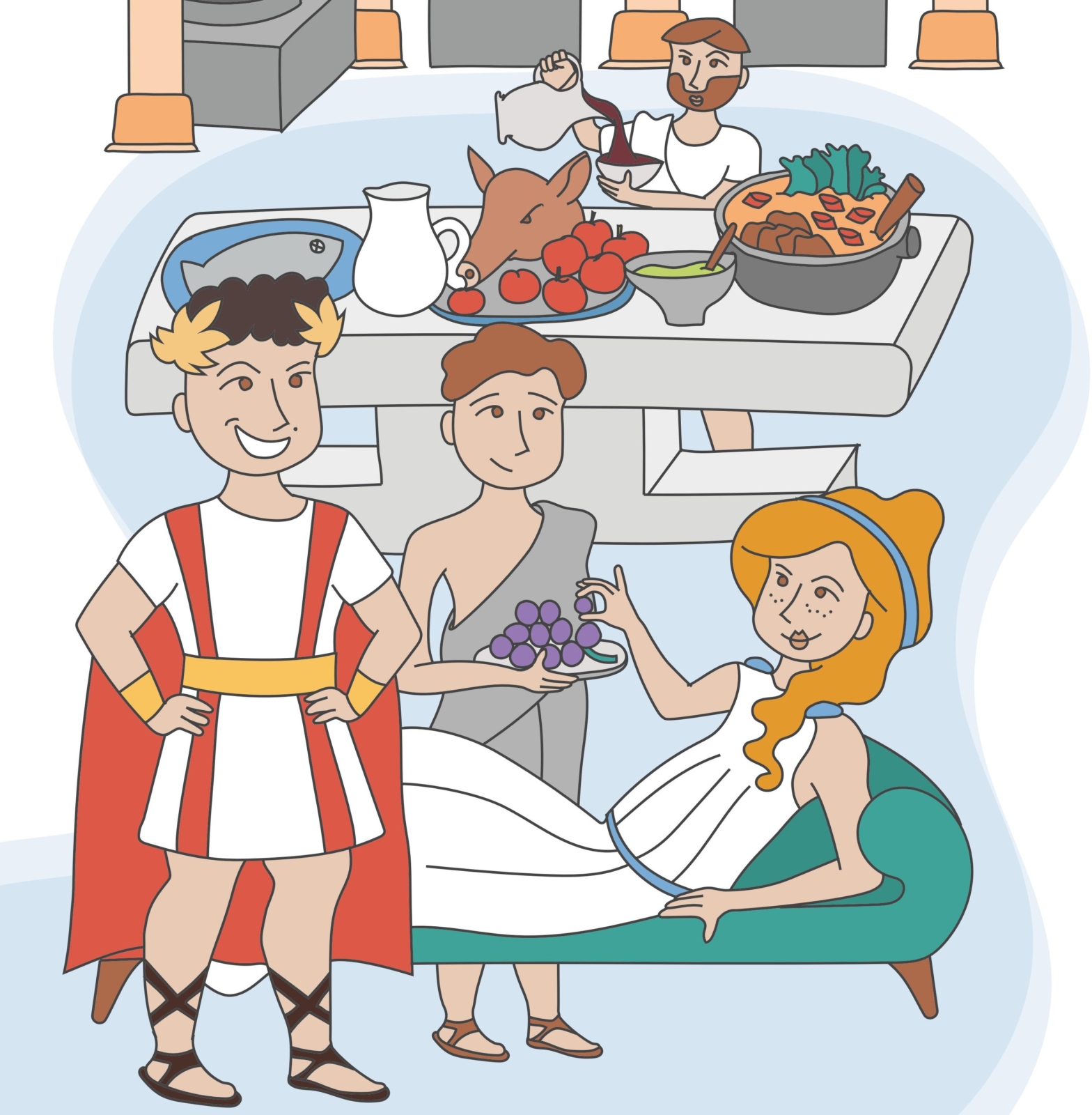 Ilustração de uma cena da vida romana - uma mulher sentada numa poltrona a ser servida por um empregado com uma bandeja de uvas, atras uma mesa com vários alimentos e um homem a deitar vinho para uma tijela, na frente um homem vestido de imperador