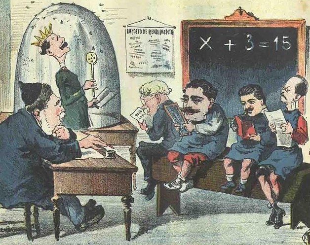 Desenho de Bordadlo Pinheiro com professor e alunos sentados à secretária