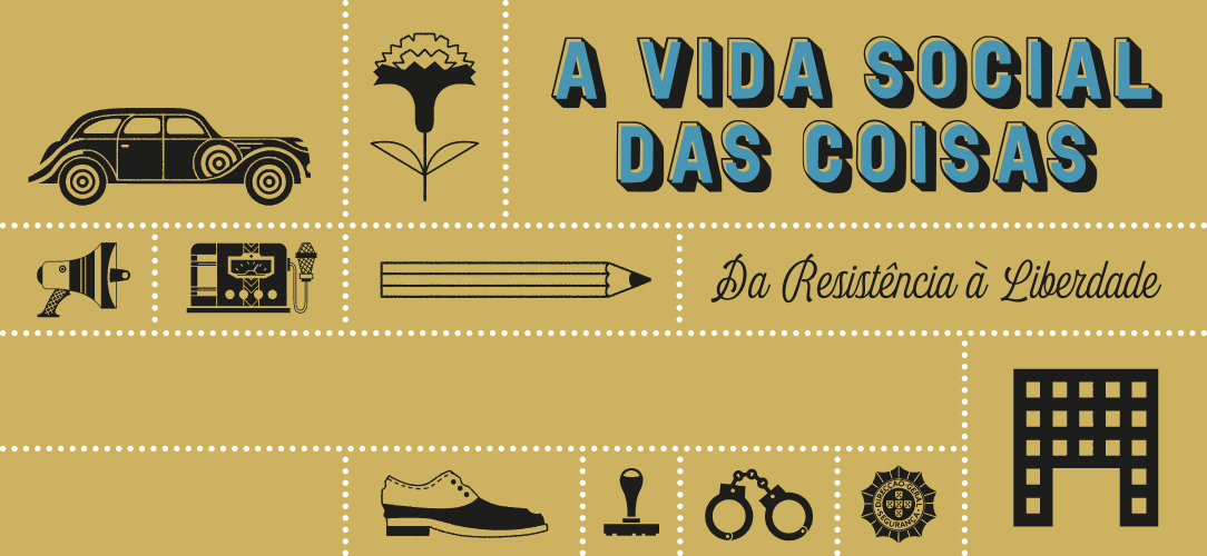 Cartão com desenhos alusivos ao tempo da ditadura e também da transição para a democracia: algemas, crachá da pide, cravo, etc